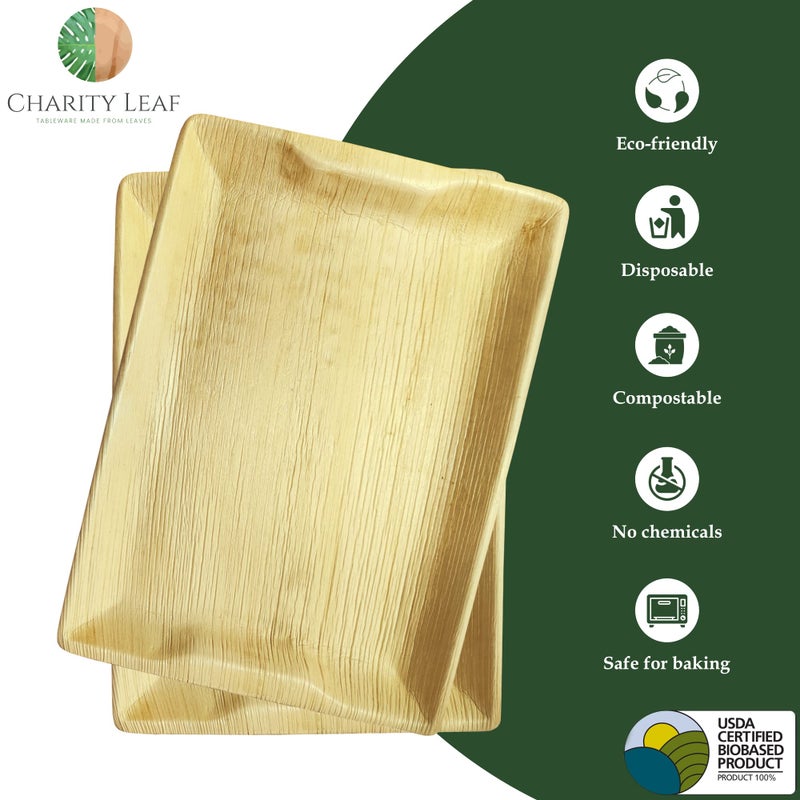 Charity Leaf Disposable Palm Leaf 14" x 10" Trays (10 pieces) Bamboo Like Serving Platters, Disposable Boards, Eco-Friendly Dinnerware For Weddings, Catering, Events - Image 2